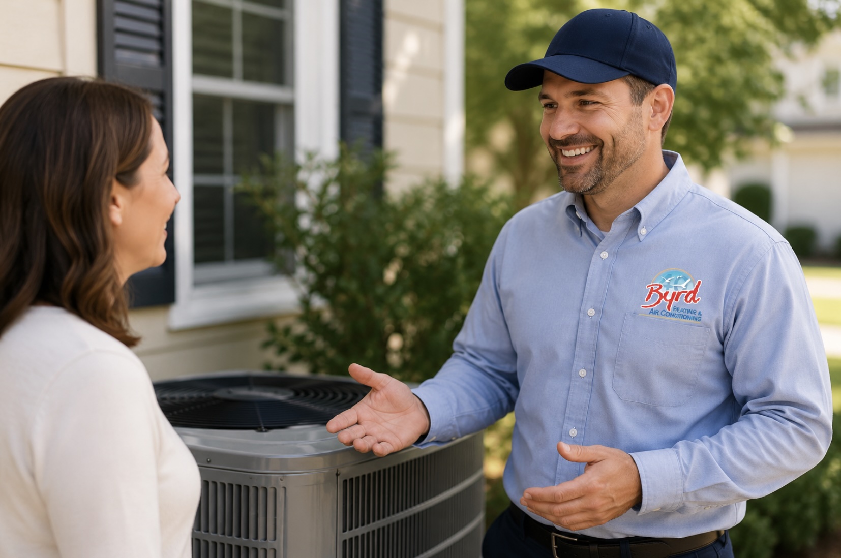 Byrd HVAC Technician Discussing Indoor Humidity with Homeowner Byrd technician explaining indoor humidity control to a homeowner in Savannah